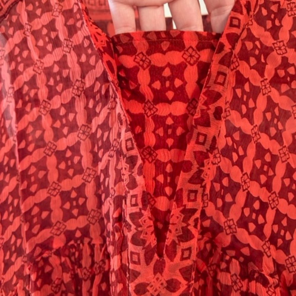 Anthropologie. Maeve. Red Printed Long-Sleeve Tiered Dress - Picture 5 of 15